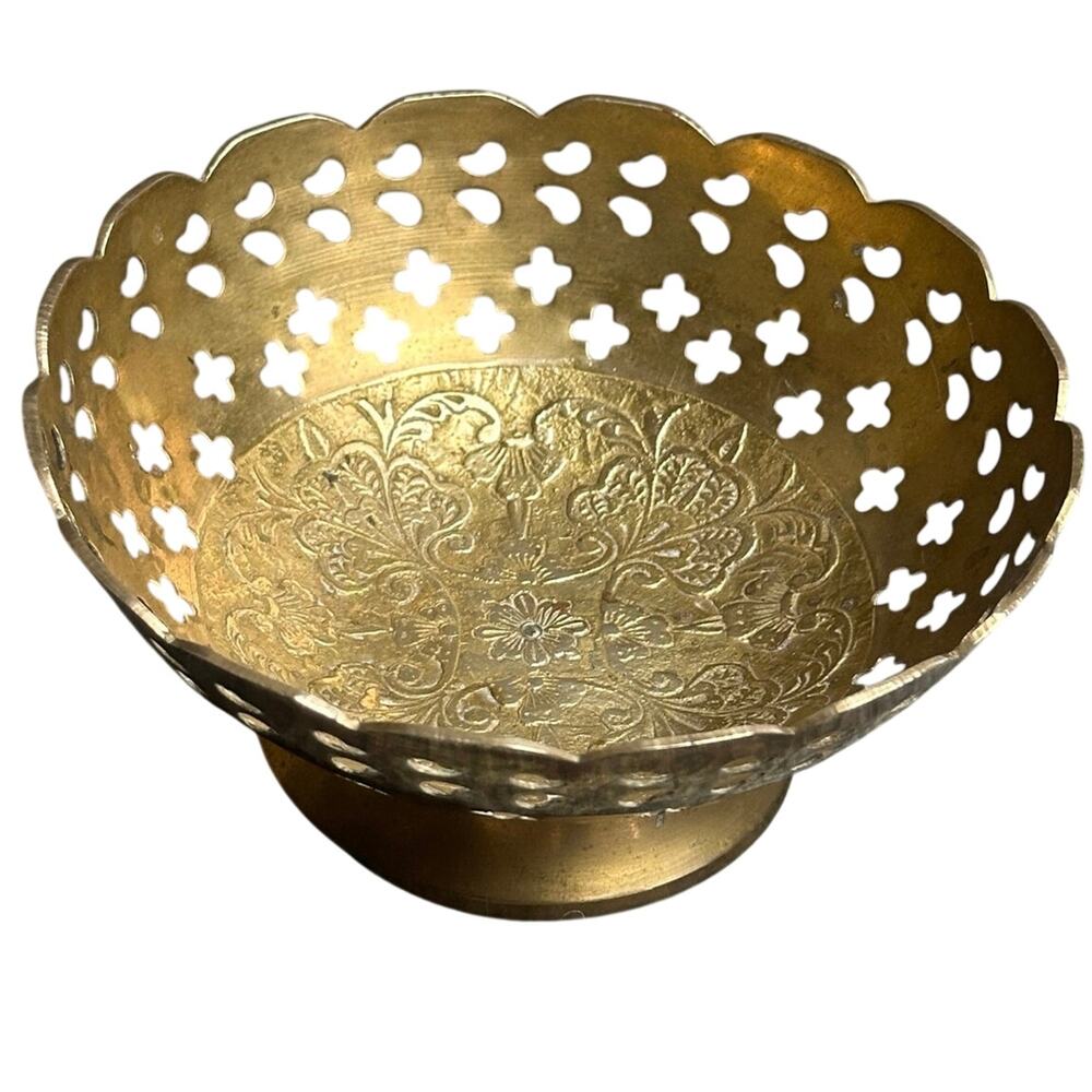Vintage brass pedestal bowl perforated scallop rim 5” floral etched trinket dish